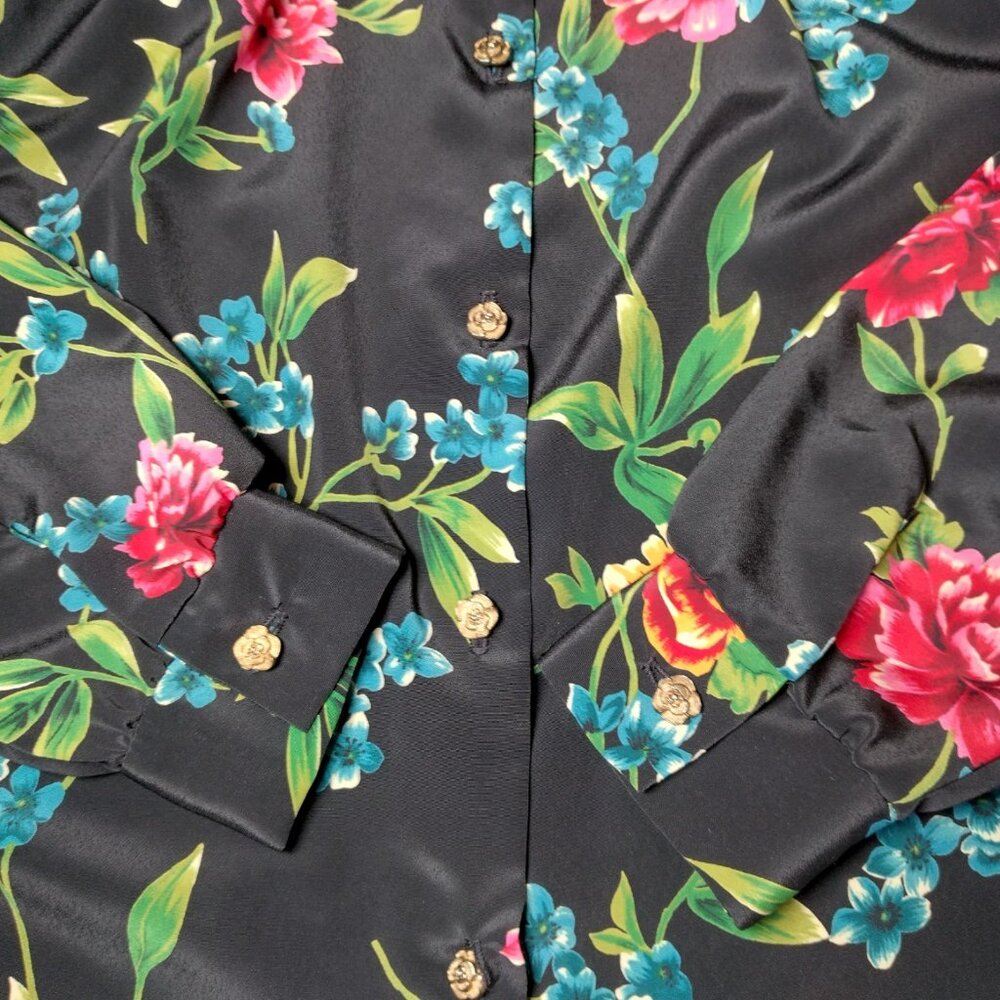 Vintage Maggie Sweet Blouse Plus Size 1X Black Floral Gold Flower Buttons - Picture 10 of 16